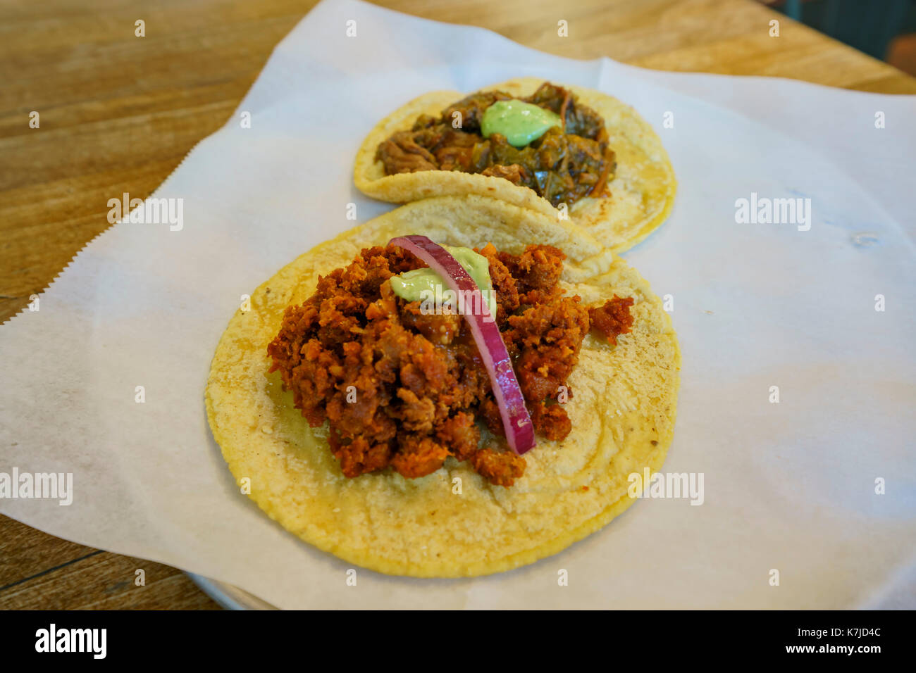Delicious Mexican style beef and pork taco, ate at Los Angeles, California, U.S.A. Stock Photo