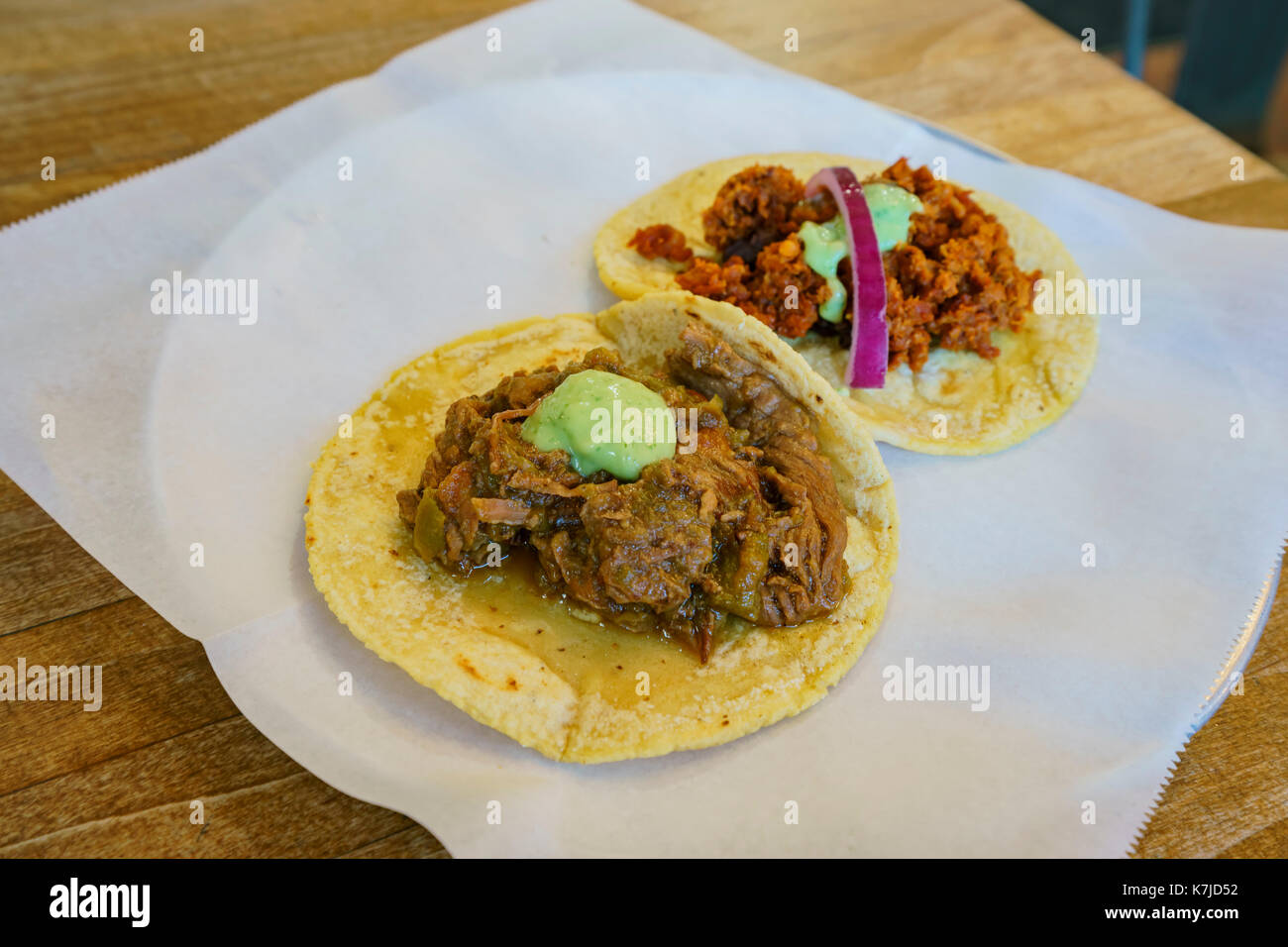 Delicious Mexican style beef and pork taco, ate at Los Angeles, California, U.S.A. Stock Photo