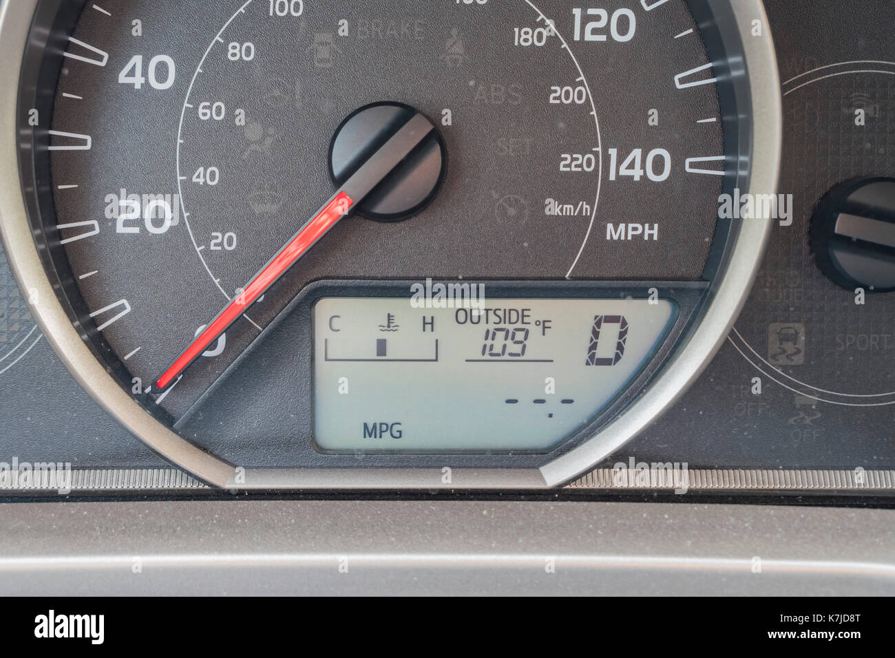 Extreme hot as shown on the dashboard, Los Angeles, California, U.S.A. Stock Photo