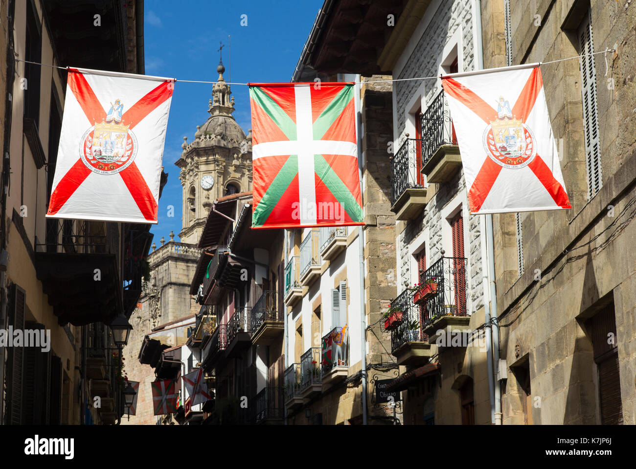 Basque Flag and local flags of old town Hondarribia, in Basque Country, Spain Stock Photo