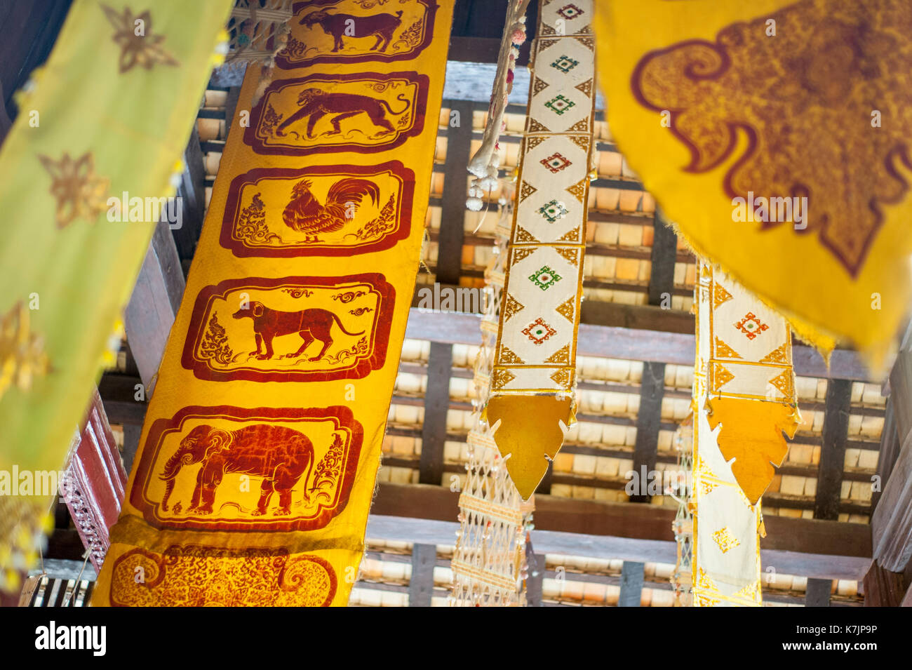 Beautiful banners hanging from the ceiling at Wat Phan Tao, Chiang Mai