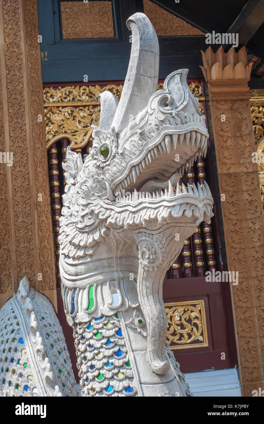 Dragon statue at the entrance to Wat Inthakhin Sadue Muang, Chiang Mai, Thailand, Southeast Asia Stock Photo