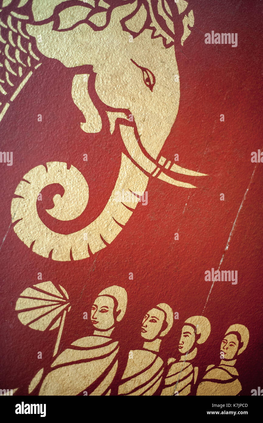 Elephant and monk painting on a window shutter at Wat Chiang Man