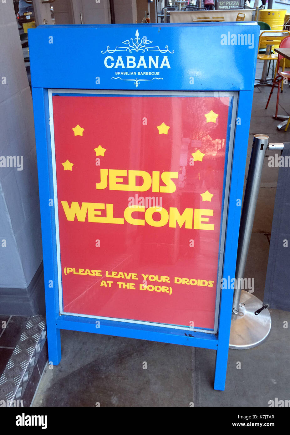 Photo Must Be Credited ©Alpha Press 066465 06/01/2016 Jedis Welcome, please leave your droids at the door, sign in homage to the film release of Star Wars The Force Awakens, outside Cabana Brasilian Barbecue Restaurant in Islington, North London. Stock Photo