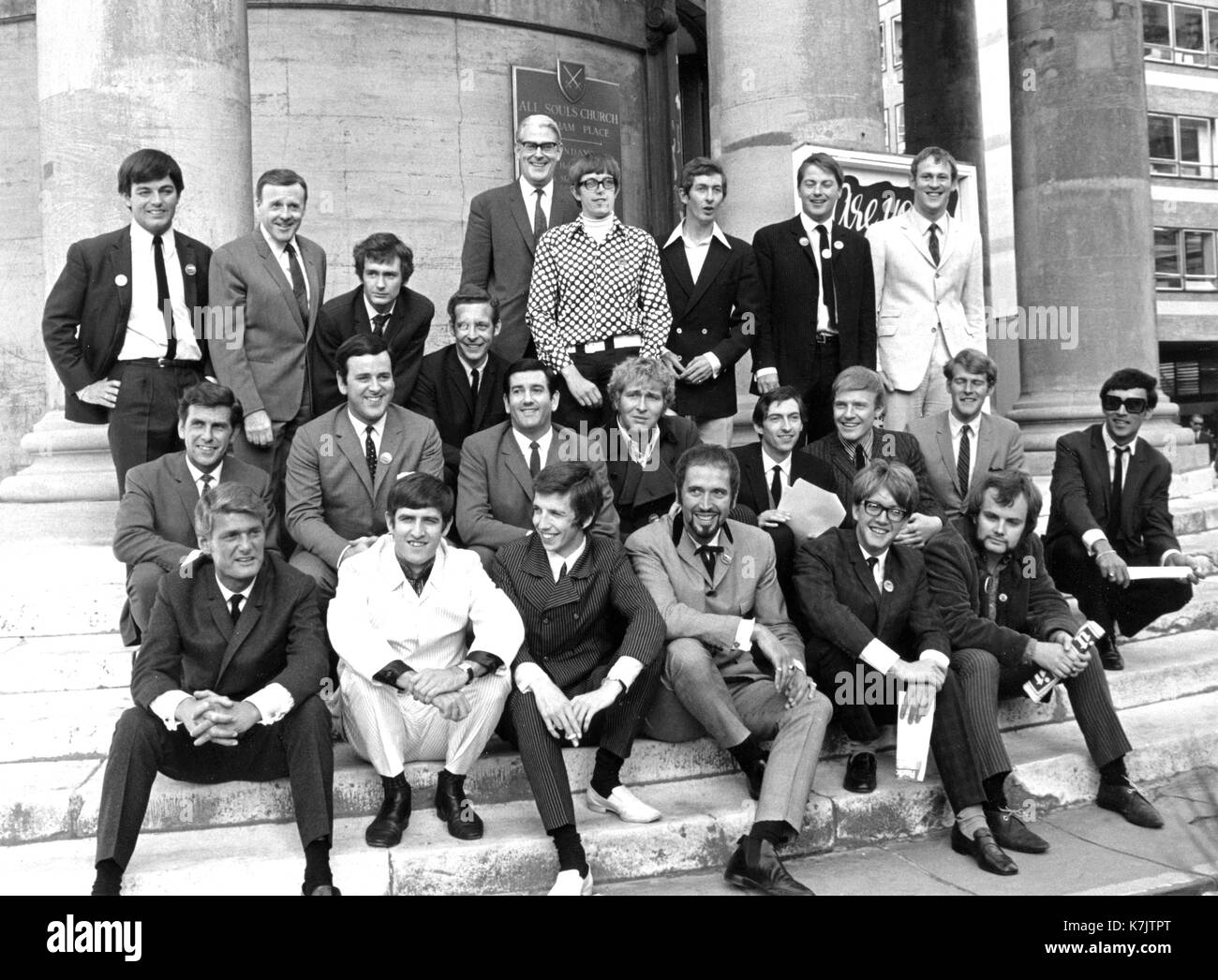 Photo Must Be Credited ©Alpha Press 003 01/09/67 Line up of Radio 1 DJs on the steps of All Souls Church on Langham Place in West London. L-R back row, Tony Blackburn, Jimmy Young, Kenny Everett, Duncan Johnson, Robin Scott, David Rider, Dave Cash, Pete Brady and David Symonds. L-R Middle row, Bob Holness, Terry Wogan, Barry Alldis, Mike Lennix, Keith Skues, Chris Denning, Johnny Moran and Pete Myers. L-R Front row, Pete Murray, Ed Stewpot Stewart, Pete Drummond, Mike Raven, Mike Aherne and John Peel Stock Photo