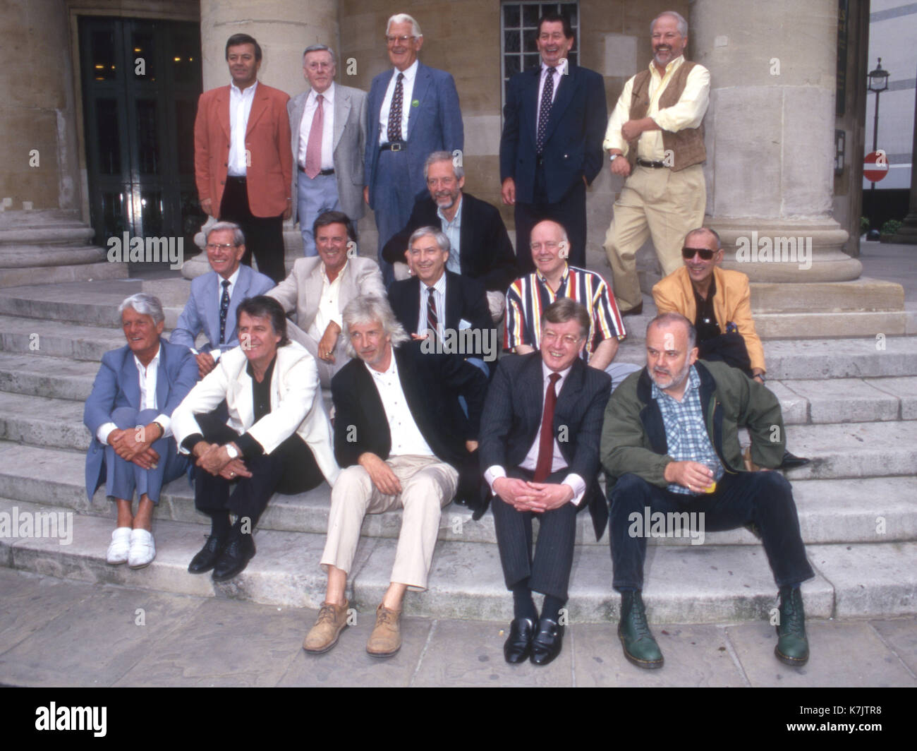 Photo Must Be Credited ©Alpha Press 027422 11/07/97 Line up of Radio 1 DJs Re-United on the steps of All Souls Church on Langham Place in West London. L-R back row, Tony Blackburn, Jimmy Young, Robin Scott, Duncan Johnson, Dave Cash and Pete Brady. L-R Middle row, Bob Holness, Terry Wogan, Keith Skues, Chris Denning and Pete Myers. L-R Front row, Pete Murray, Ed Stewpot Stewart, Pete Drummond, Mike Aherne and John Peel Stock Photo