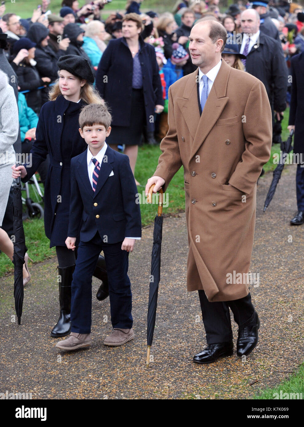 Photo Must Be Credited ©Kate Green/Alpha Press 079965 25/12/2015 Lady Louise Windsor, Viscount Severn James Alexander Philip Theo Mountbatten Windsor and Prince Edward Earl of Wessex during Royal Family Christmas Day Church Service at Sandringham Church in Norfolk. Stock Photo