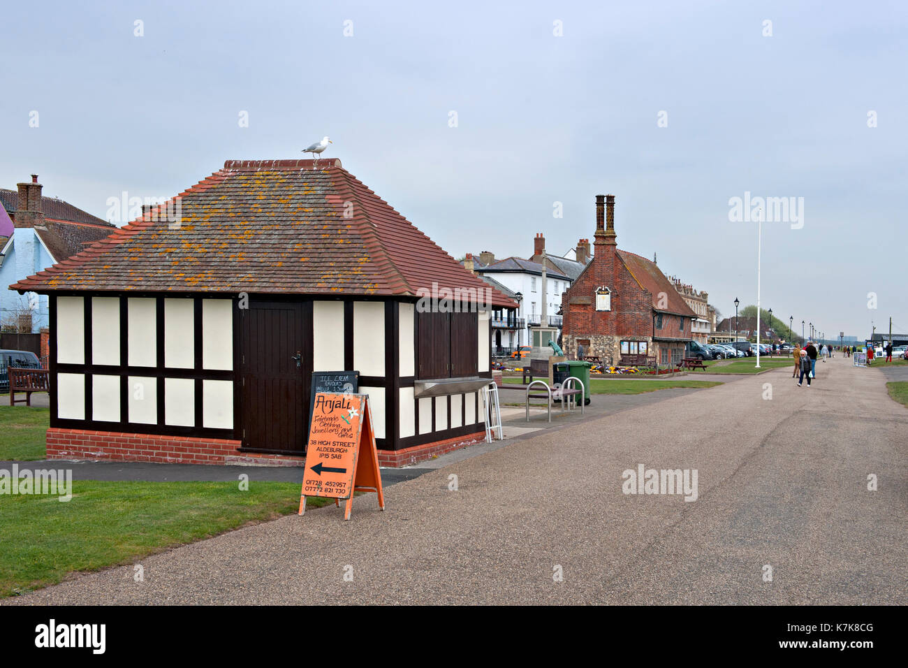 Aldeburgh Suffolk UK showing the café, and further back, the 16th century Moot Hal Stock Photo