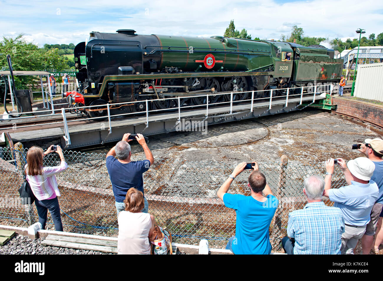 Steam locomotive 35028 'Clan Line' at Yeovil Junction having brought a special train from London Waterloo 50 years after the end of steam on the line Stock Photo