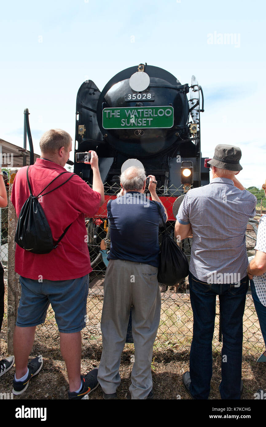 Steam locomotive 35028 'Clan Line' at Yeovil Junction having brought a special train from London Waterloo 50 years after the end of steam on the line Stock Photo