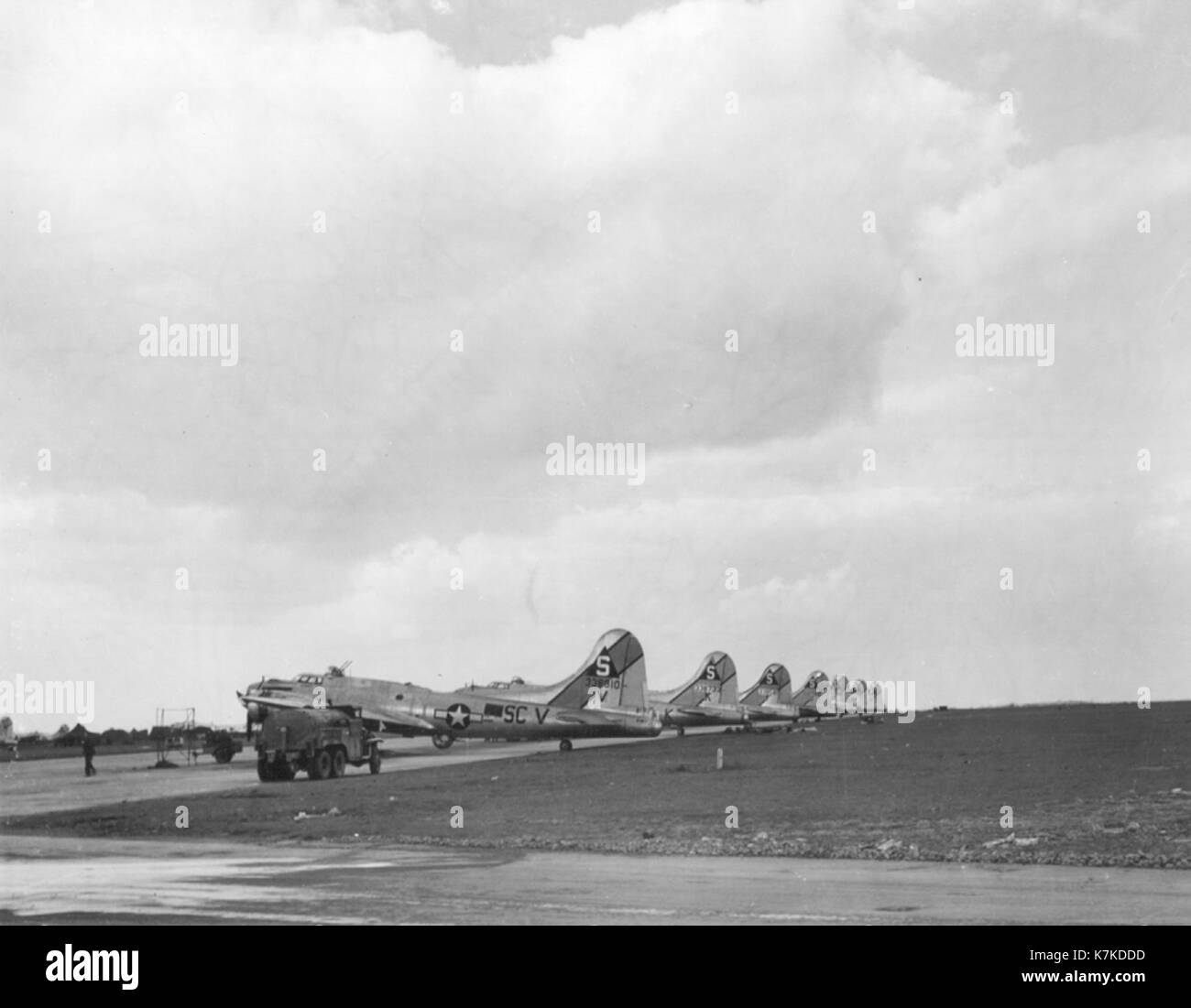 The Boeing B-17 Flying Fortress was a critical U.S. military bomber during WWII. Its ability to withstand significant damage made it a crucial part of the Allied strategic bombing campaign against Axis powers. Stock Photo