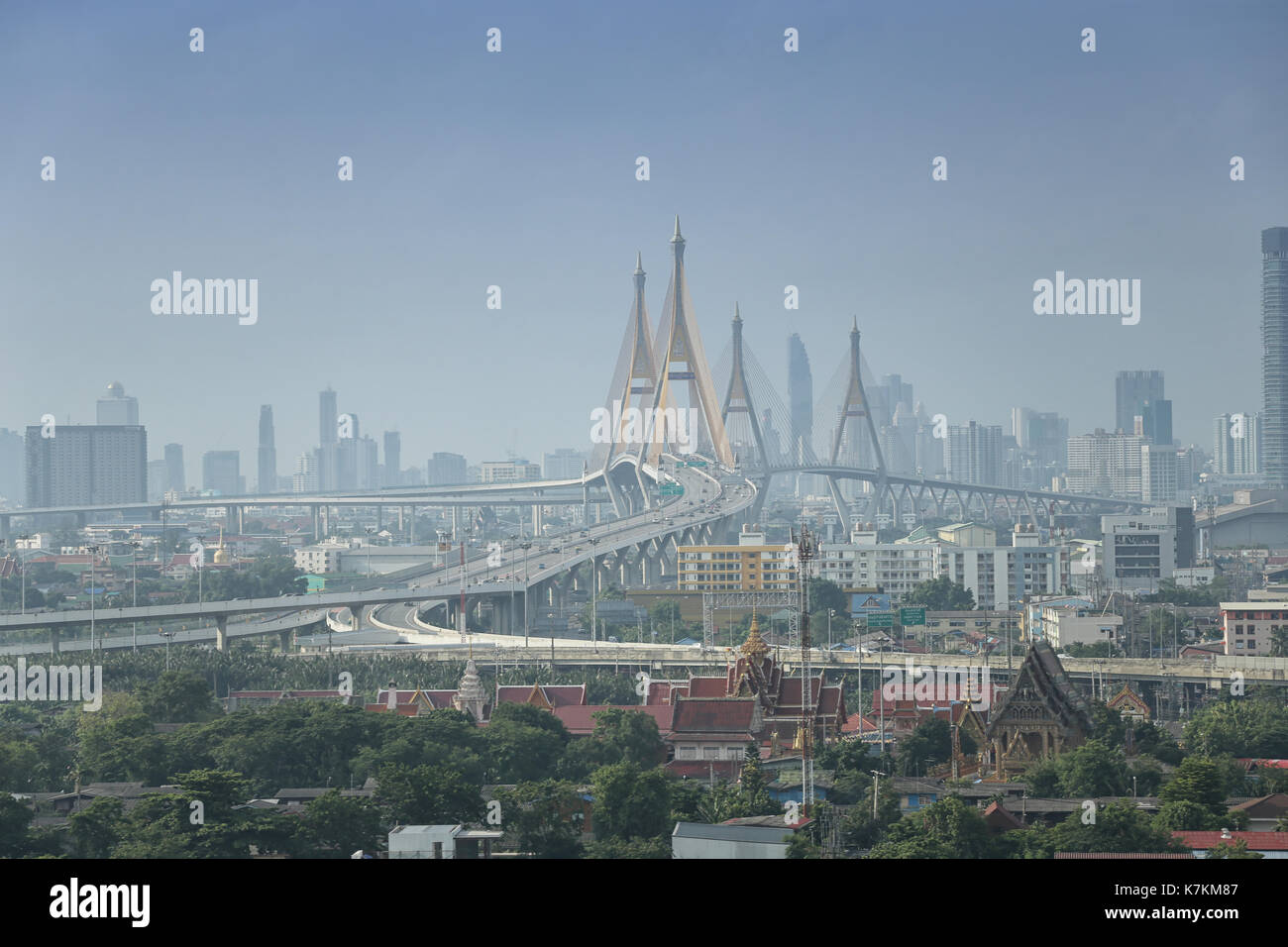 Rama Bridge and Bangkok City View in the daytime. Stock Photo