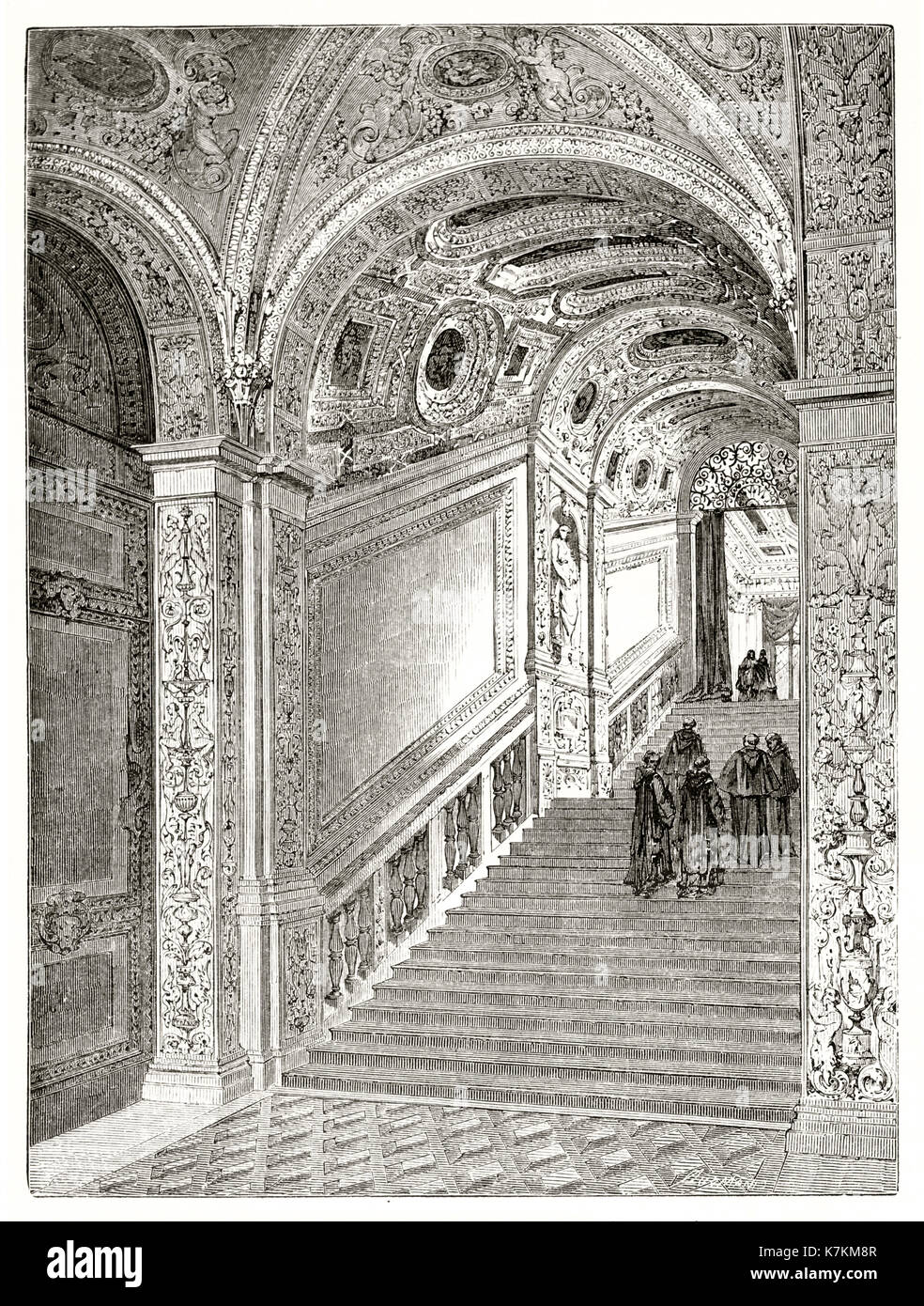 Old illustration Golden Staircase (Scala d'Oro) in Doge's palace, Venice, Italy. By Therond after Beaumont, publ. on Le Tour du Monde, Paris, 1862 Stock Photo