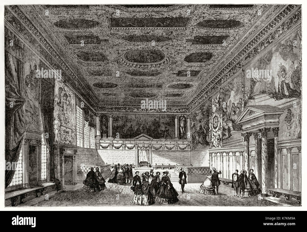 Old illustration of the Hall of the Full Council, Doge's Palace, Vwnice, Italy. By Therond after De Beaumont, publ. on Le Tour du Monde, Paris, 1862 Stock Photo