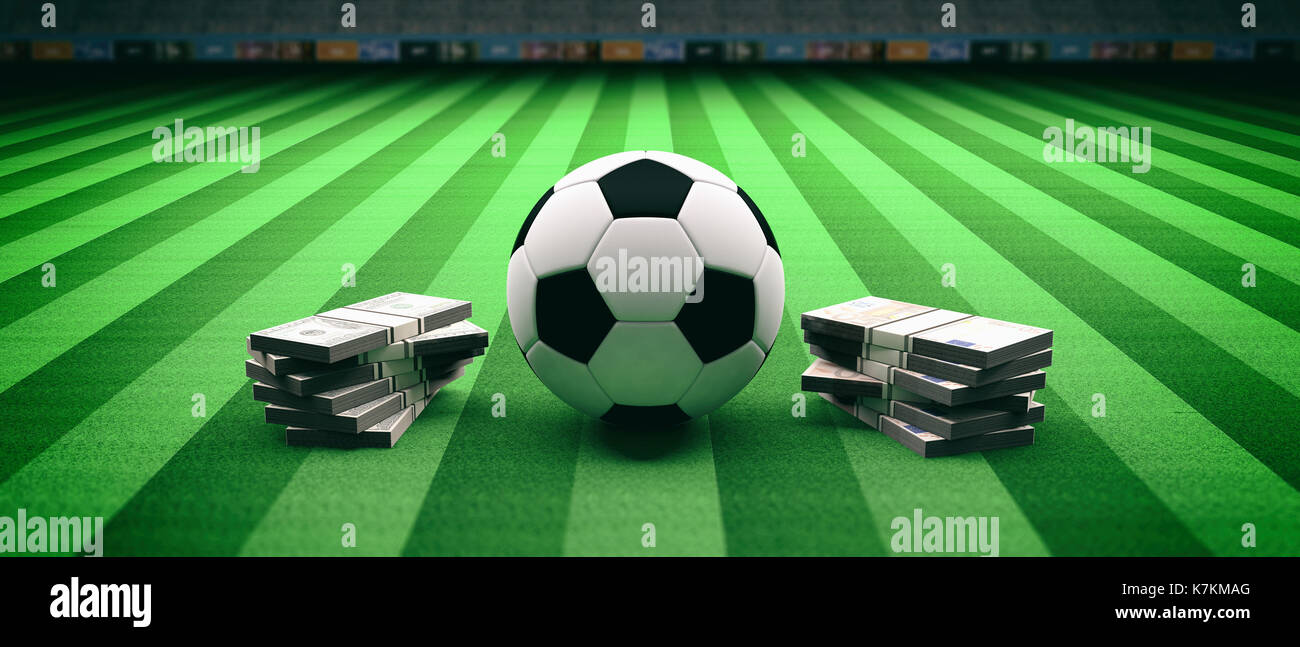 Soccer football ball and banknotes on an illumunated field grass background. 3d illustration Stock Photo