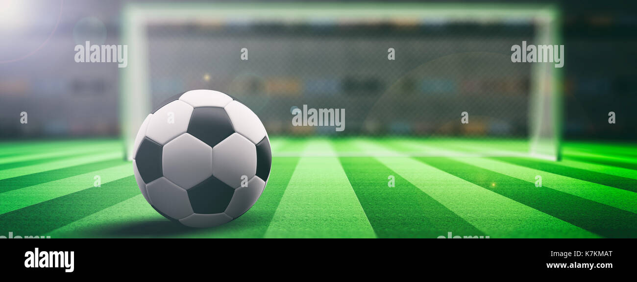 Soccer (football) ball on an illumunated field grass background. 3d illustration Stock Photo