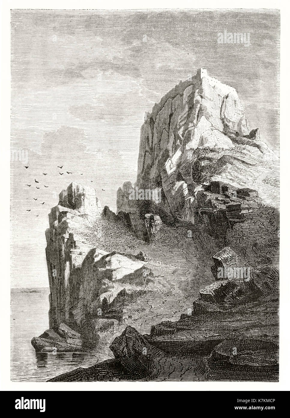 Lindos castle, Rhodes island. By Maurand, publ. on Le Tour du Monde, Paris, 1862 Stock Photo