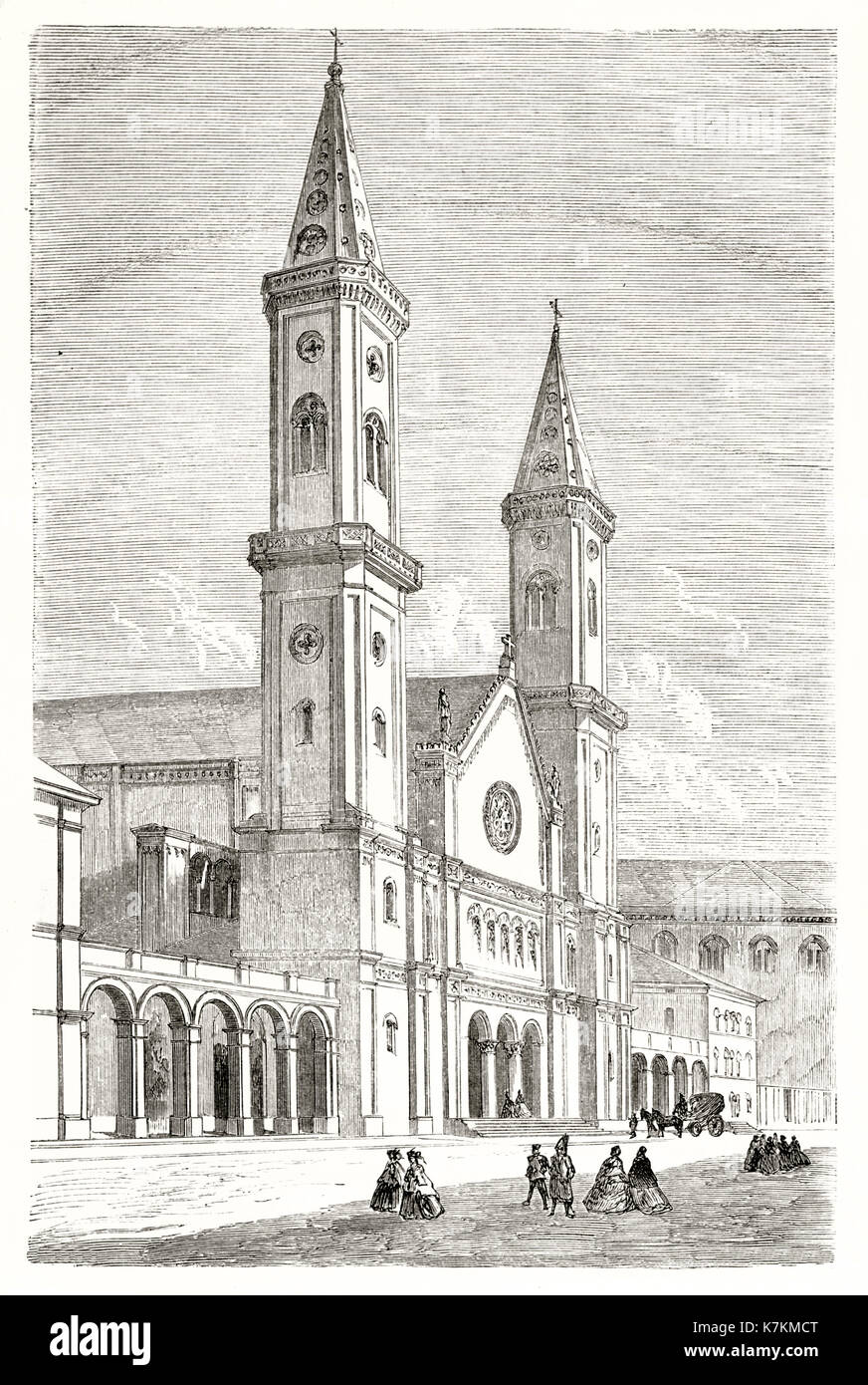 Old view of Ludwigskirche, Munich, Germany. By Lancelot and Laly, publ. on Le Tour du Monde, Paris, 1862 Stock Photo