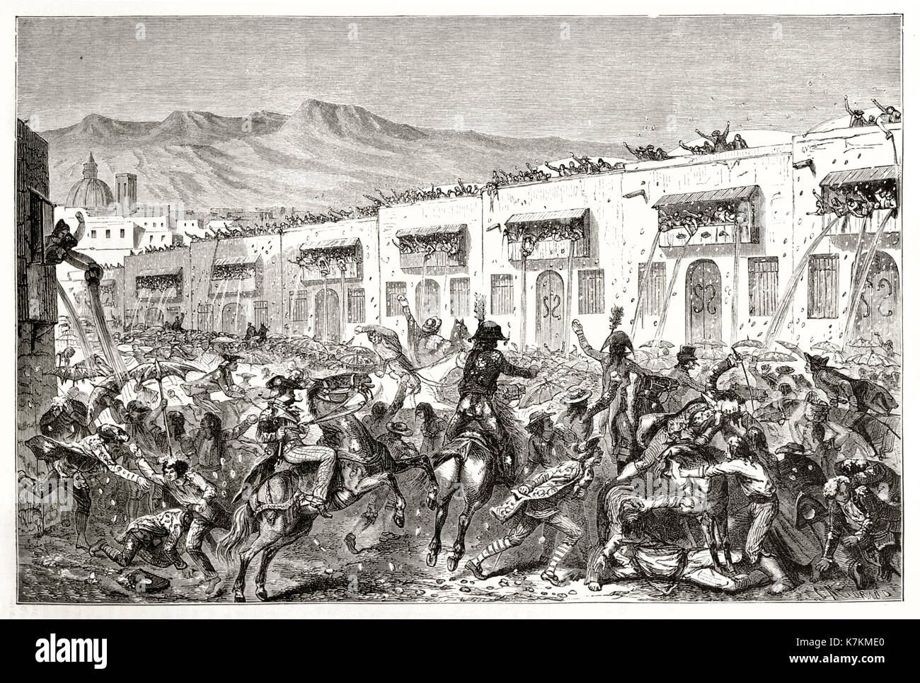 Old illustration of Mardi Gras in Arequipa, Peru. By Riou, publ. on Le Tour du Monde, Paris, 1862 Stock Photo