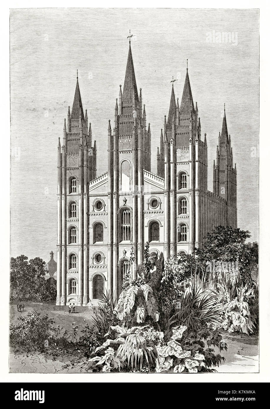 Old illustration depicting the facade of a projected Mormon temple. By Therond after Remy, publ. on Le Tour du Monde, Paris, 1862 Stock Photo