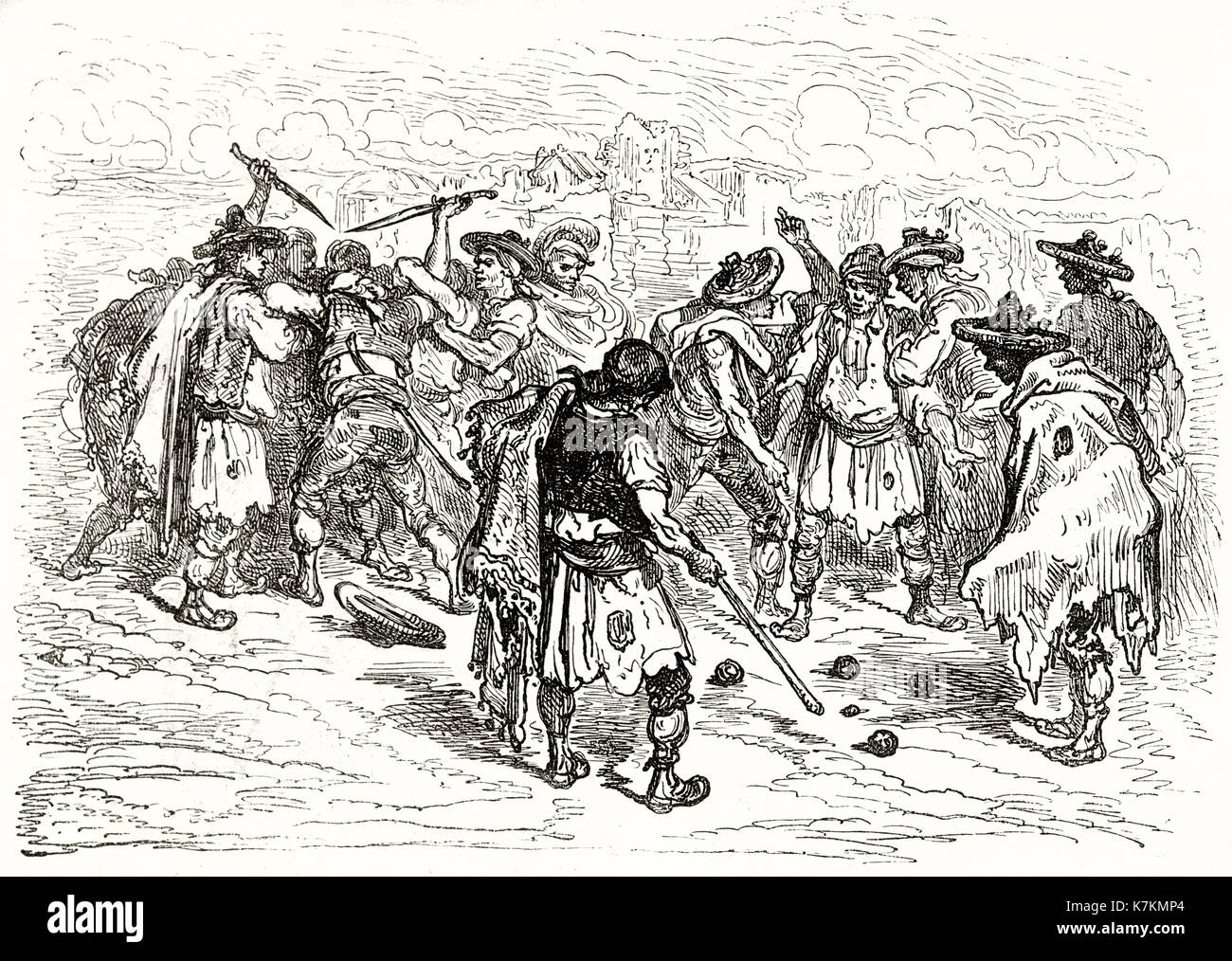 Bowls players quarrel in Valencia, Spain. By Dore, publ. on Le Tour du Monde, Paris, 1862 Stock Photo