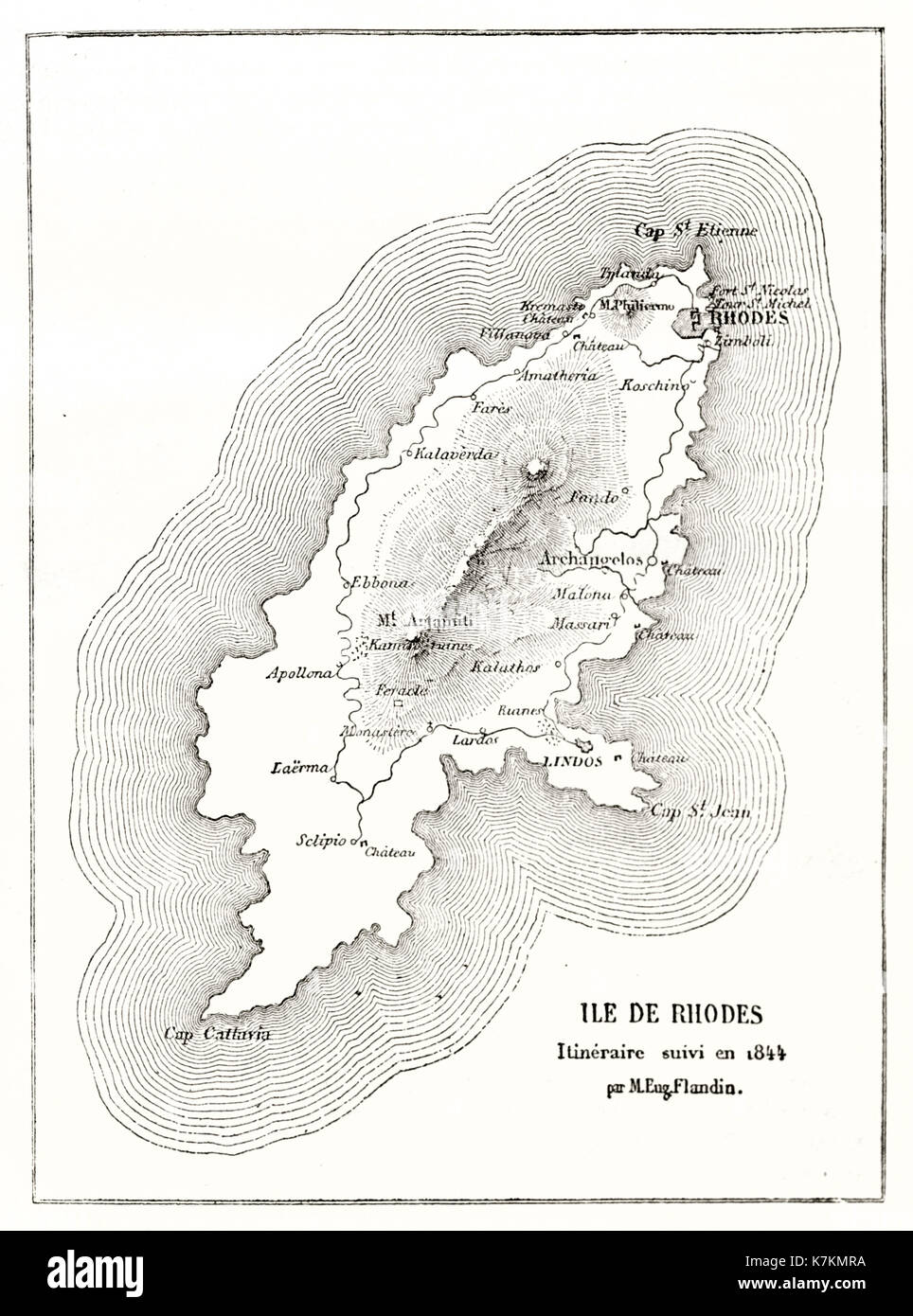 Old map of Rhodes island. By Flandin, publ. on Le Tour du Monde, Paris, 1862 Stock Photo