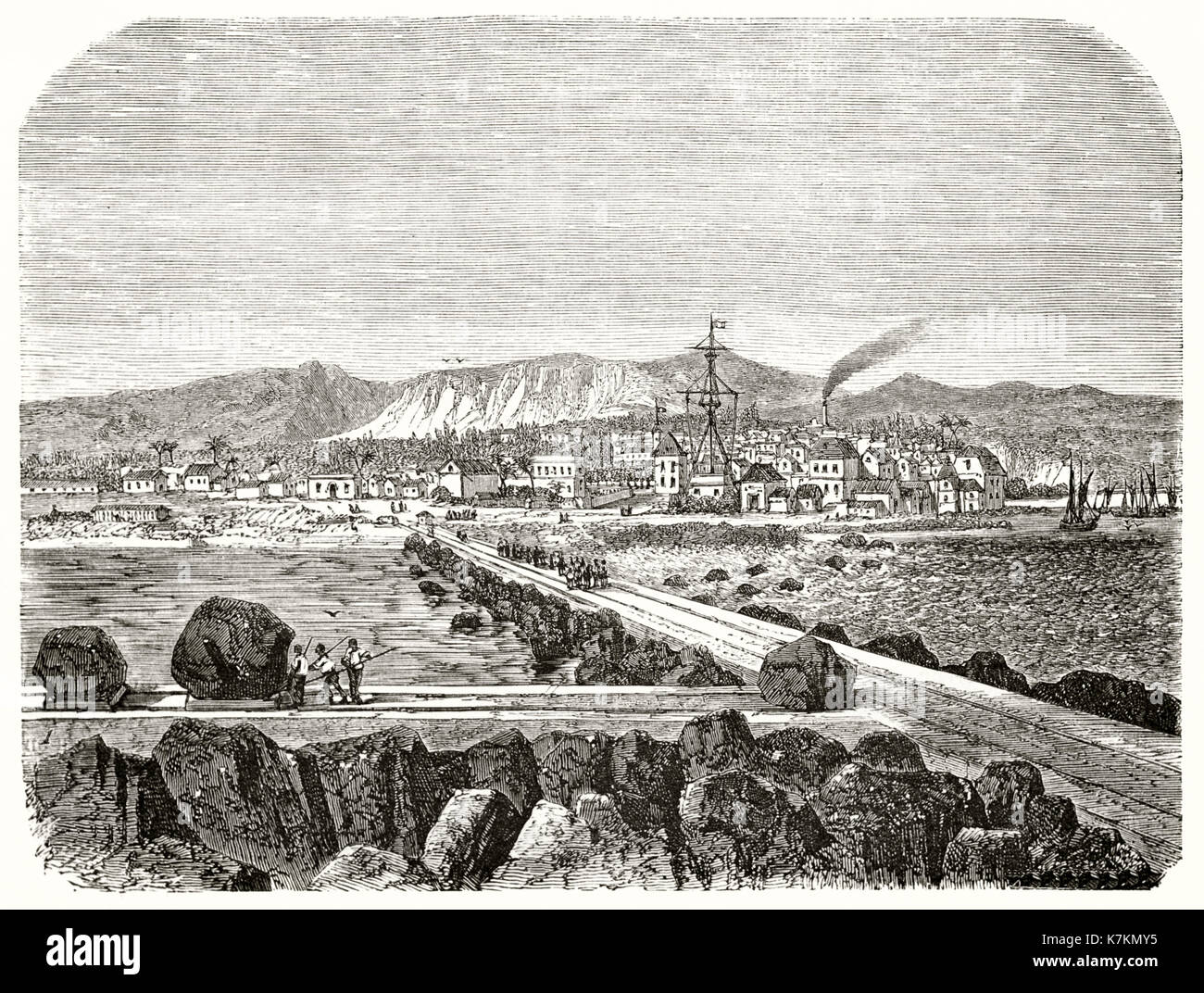 Old view of Saint-Pierre, Reunion island (port construction). By Therond after Roussin, publ. on Le Tour du Monde, Paris, 1862 Stock Photo