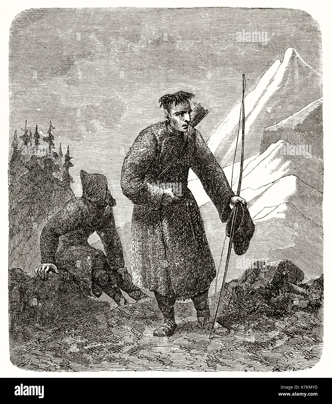 Old illustration depicting Samoyed people, Siberian indigenous, Russia. By unidentified author, publ. on Le Tour du Monde, Paris, 1862 Stock Photo