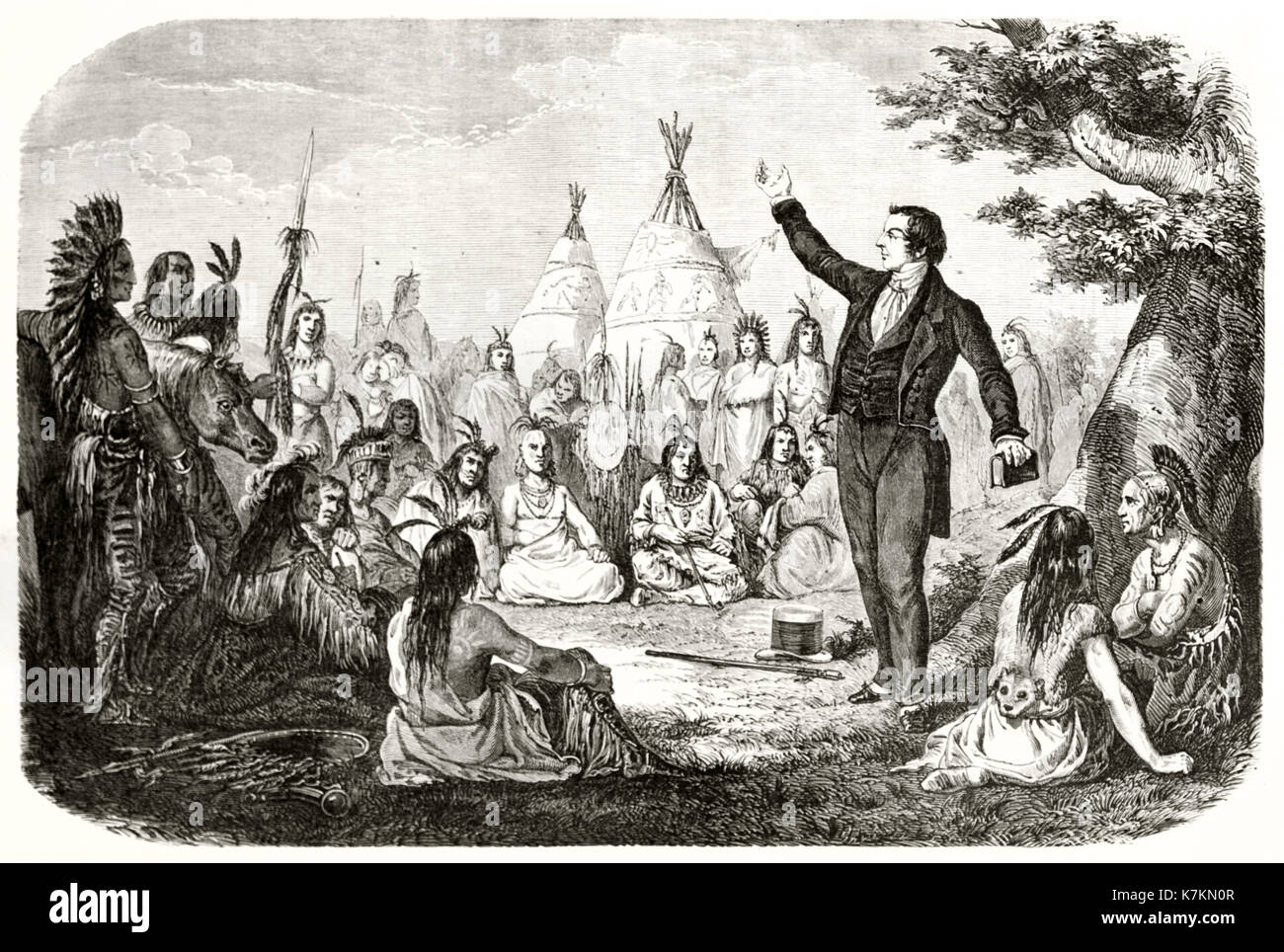 Old illustration depicting Joseph Smith, Mormonism founder, haranguing Indians. By Mettais, publ. on Le Tour du Monde, Paris, 1862 Stock Photo