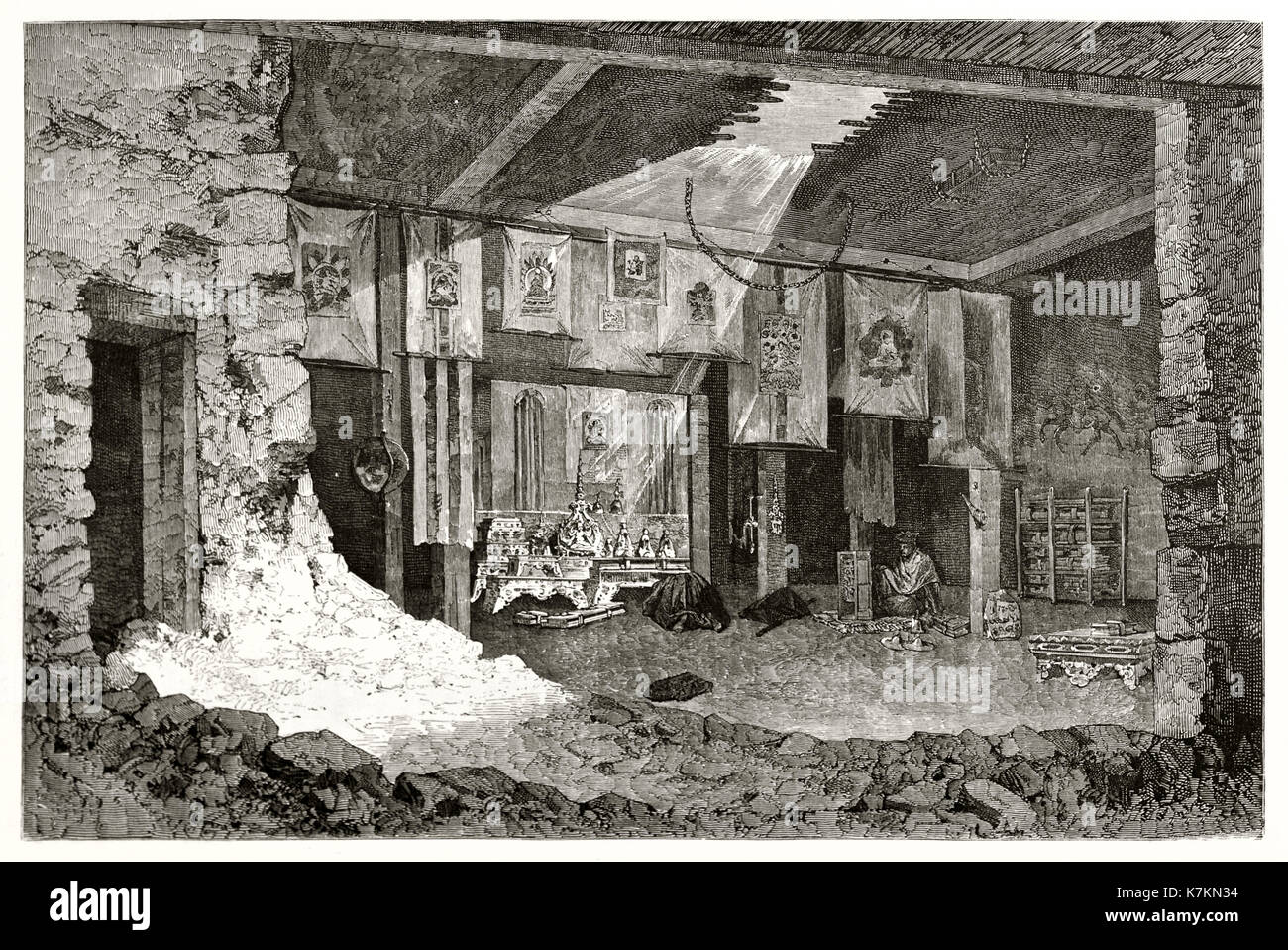 Old view of a Tibetan temple interior. By Therond after Schlagintweit, publ. on Le Tour du Monde, Paris, 1862 Stock Photo