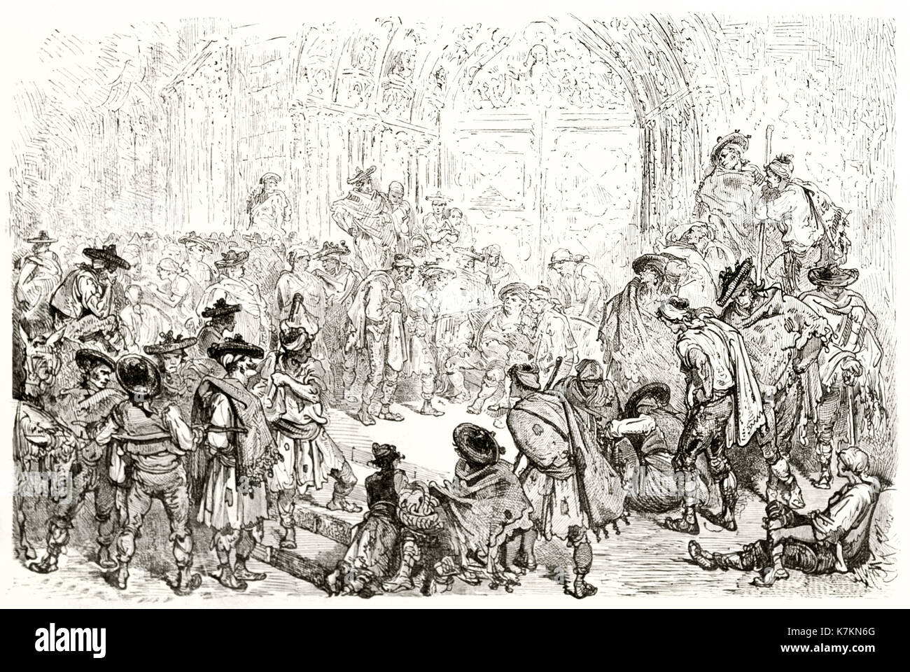 Old illustration depicting the Water Tribunal of the plain of Valencia, Spain. By Dore, publ. on Le Tour du Monde, Paris, 1862 Stock Photo