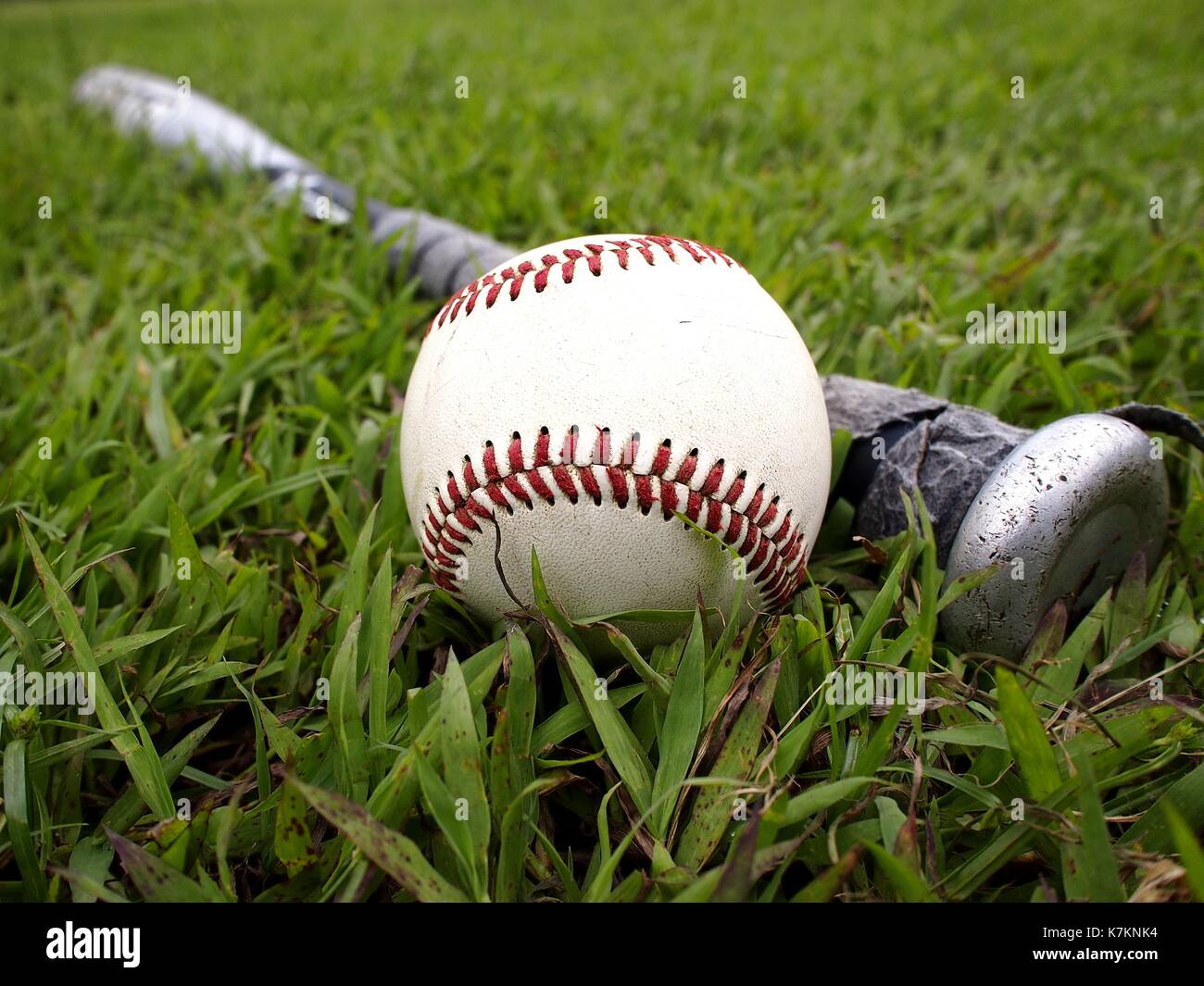 Photo of a baseball and a baseball bat on the grass Stock Photo