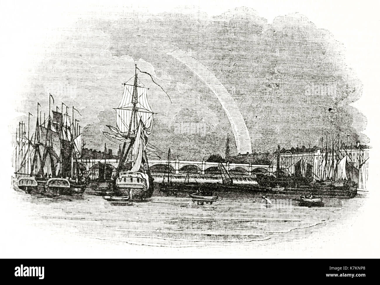 Old view of Broomielaw bridge, Glasgow. By unidentified author, publ. on The Penny Magazine, London, 1837 Stock Photo