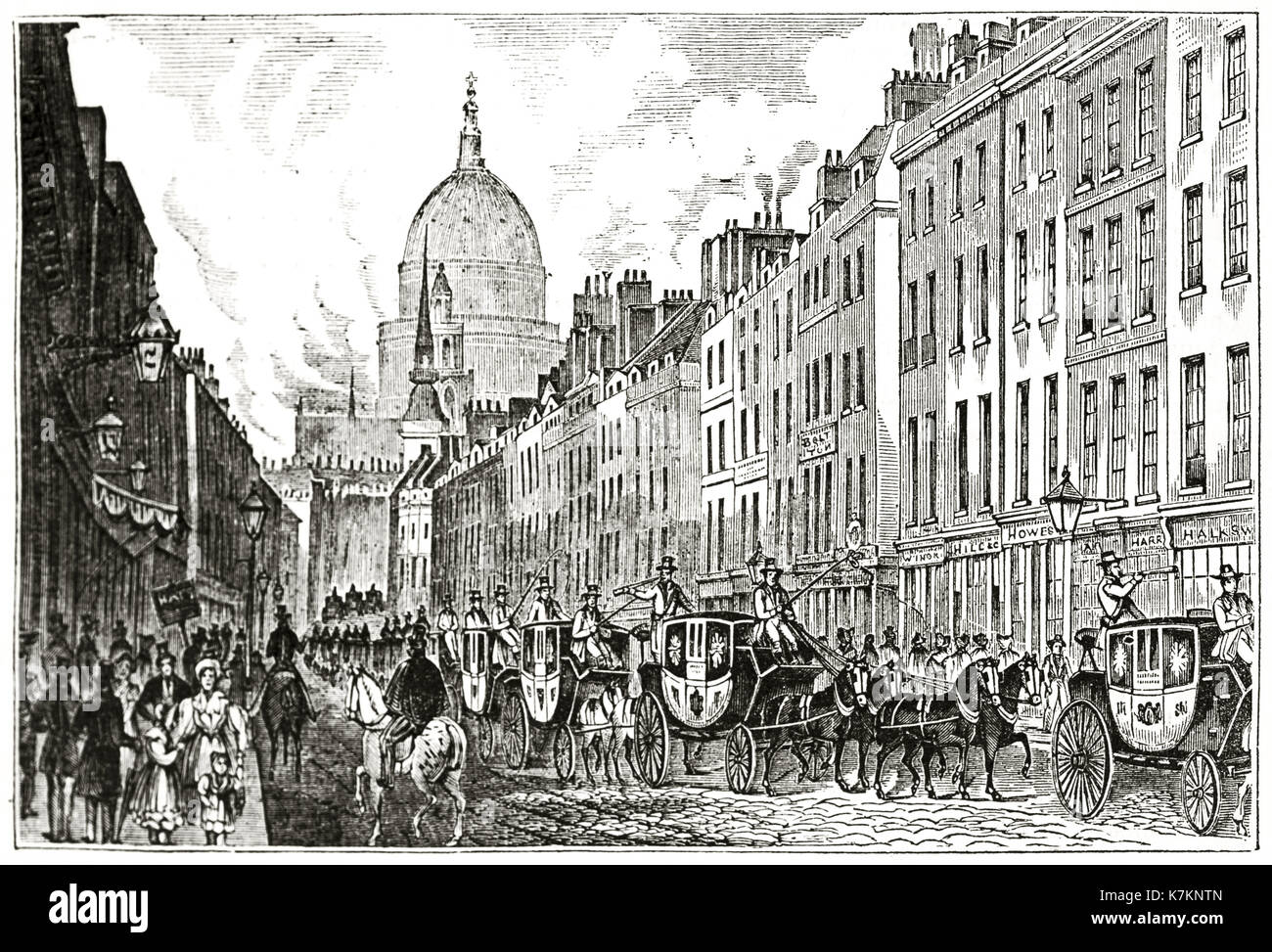 Old view of Fleet street and mail coaches procession, London. By unidentified author, publ. on The Penny Magazine, London, 1837 Stock Photo