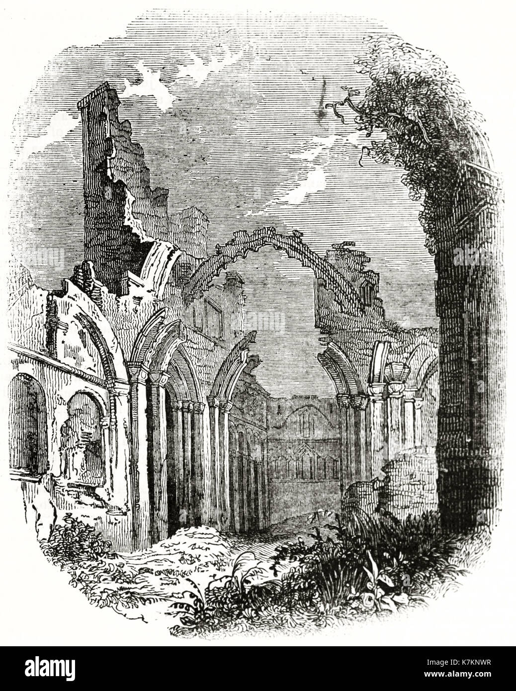 Old view of Lindisfarne priory ruins, United Kingdom. By unidentified author, publ. on The Penny Magazine, London, 1837 Stock Photo