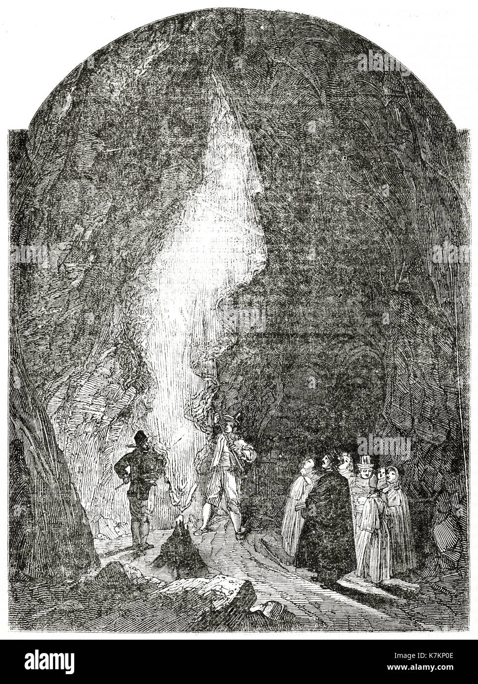 Old illustration of Postojna Cave, Slovenia. By unidentified author, The Penny Magazine, London, 1837 Stock Photo