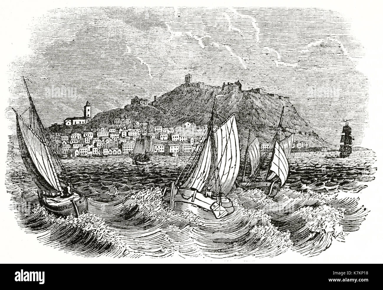 Old view of Scarborough, England. By unidentified author, publ. on The Penny Magazine, London, 1837 Stock Photo