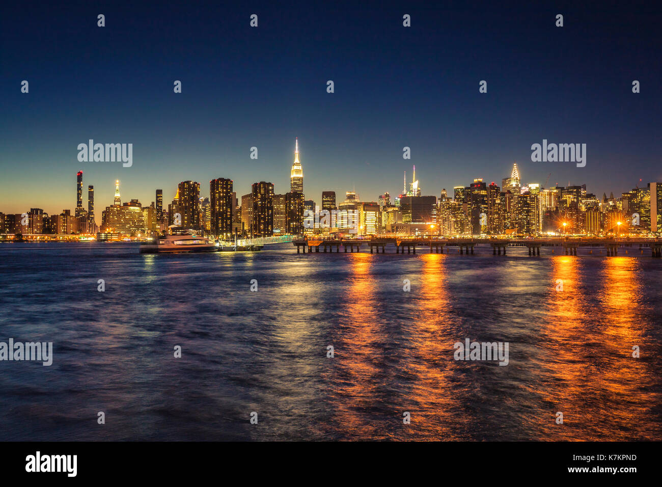 New York City skyline at night Stock Photo