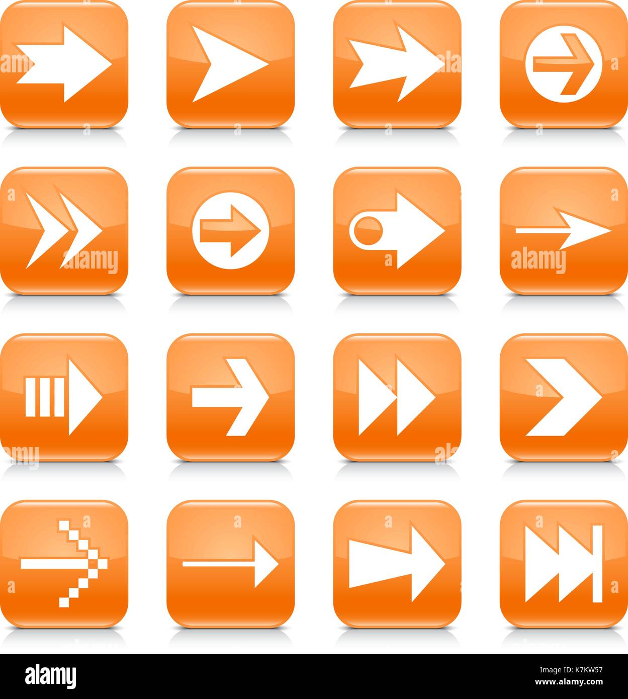16 arrow icon set 02. White sign on orange rounded square button with gray reflection, black shadow on white background. Glossy style Stock Vector
