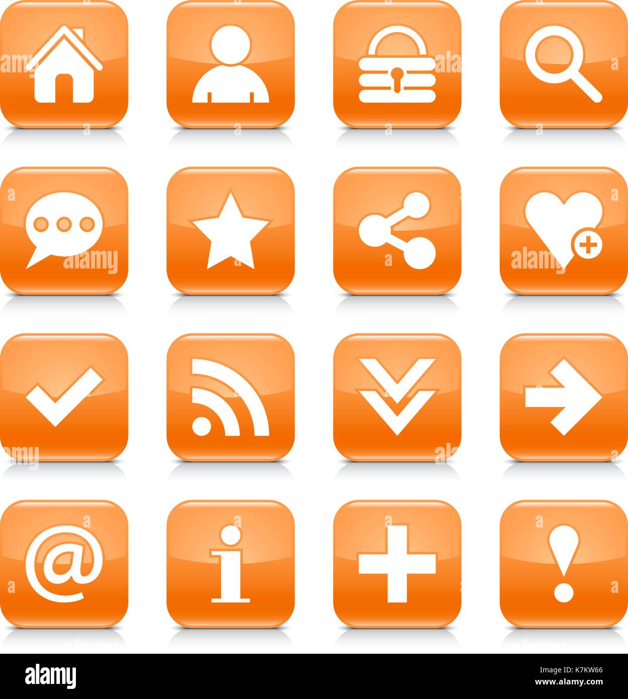 16 basic icon set 05. White sign on orange rounded square button with gray reflection, black shadow on white background. Glossy style Stock Vector