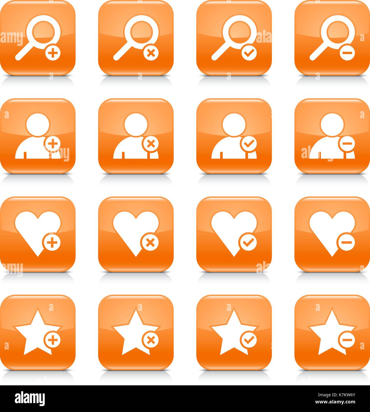 16 additional icon set 07. White sign on orange rounded square button with gray reflection, black shadow on white background. Glossy style. Vector ill Stock Vector