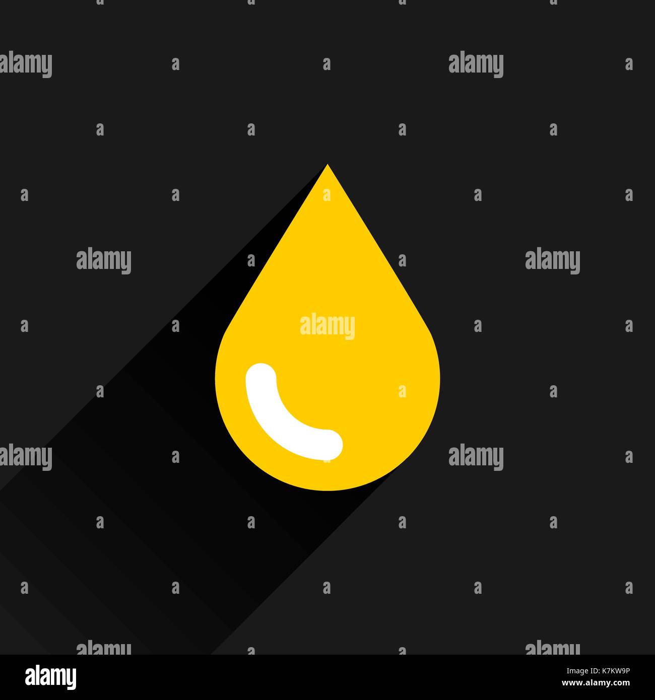 Yellow color drop icon with black long shadow on dark gray background. Gold oil sign in simple, solid, plain, flat style. This vector illustration gra Stock Vector