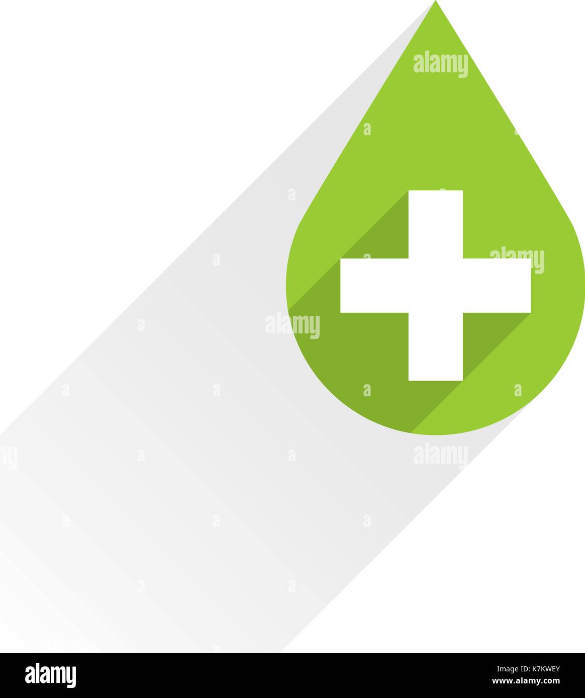 First aid drop green sign with white cross with long shadow in simple ...
