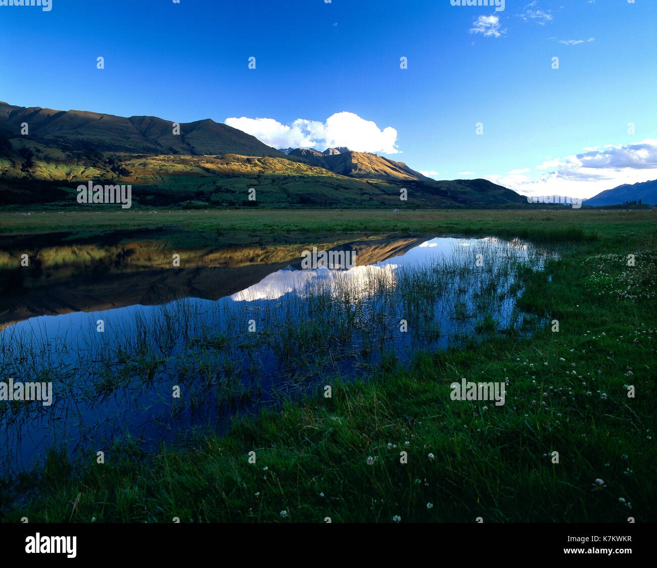 New Zealand. Queenstown Region. Hills reflected in valley lake in late evening shadows. Stock Photo