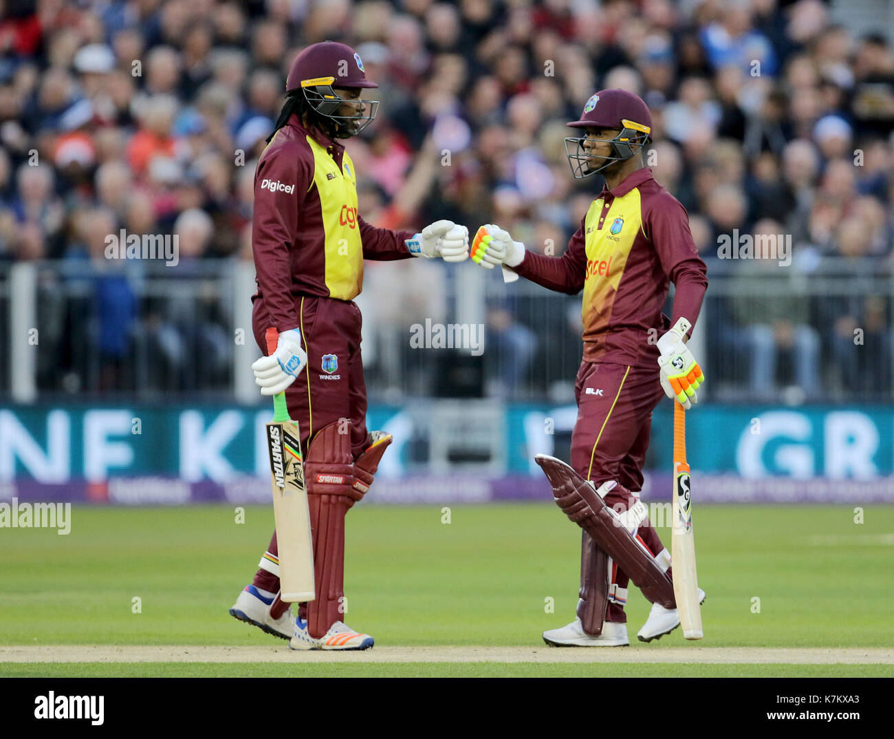 West Indies Chris Gayle left and West Indies Evin Lewis touch gloves during the NatWest T20 match at the Emirates Riverside Durham Stock Photo Alamy