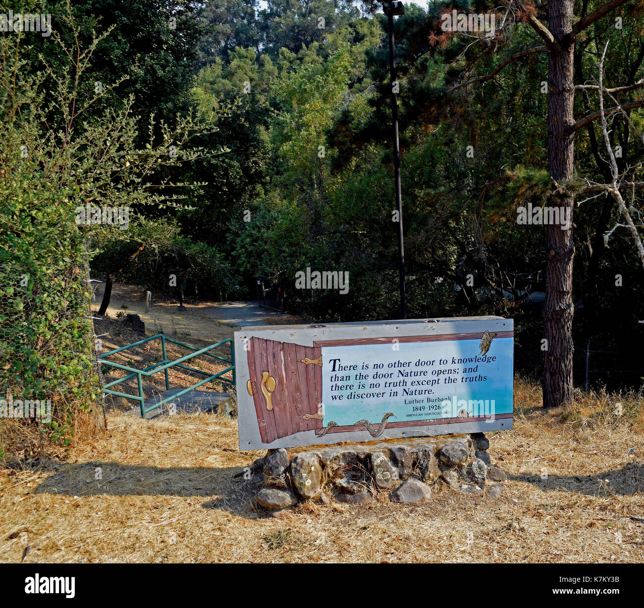 Sulphur Creek Nature center entrance sign with Luther Burbank quote , Hayward, California Stock Photo