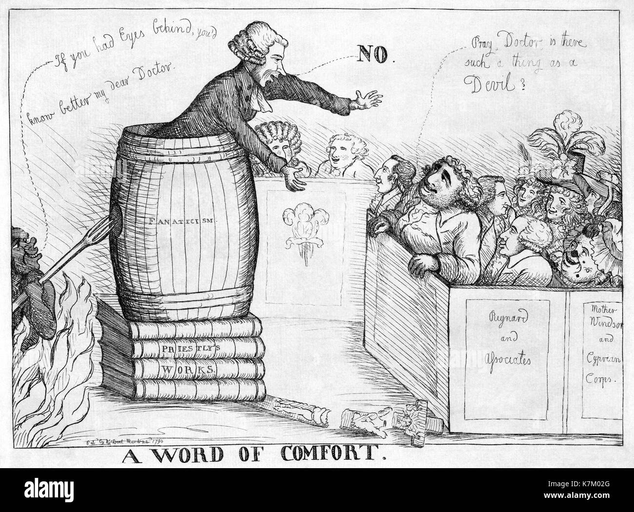 JOSEPH PRIESTLY (1733-1804) English theologian, chemist and political theorist shown in a 1790 satirical cartoon by William Dent. Priestly is shown preaching to a crowd including Charles James Fox Stock Photo