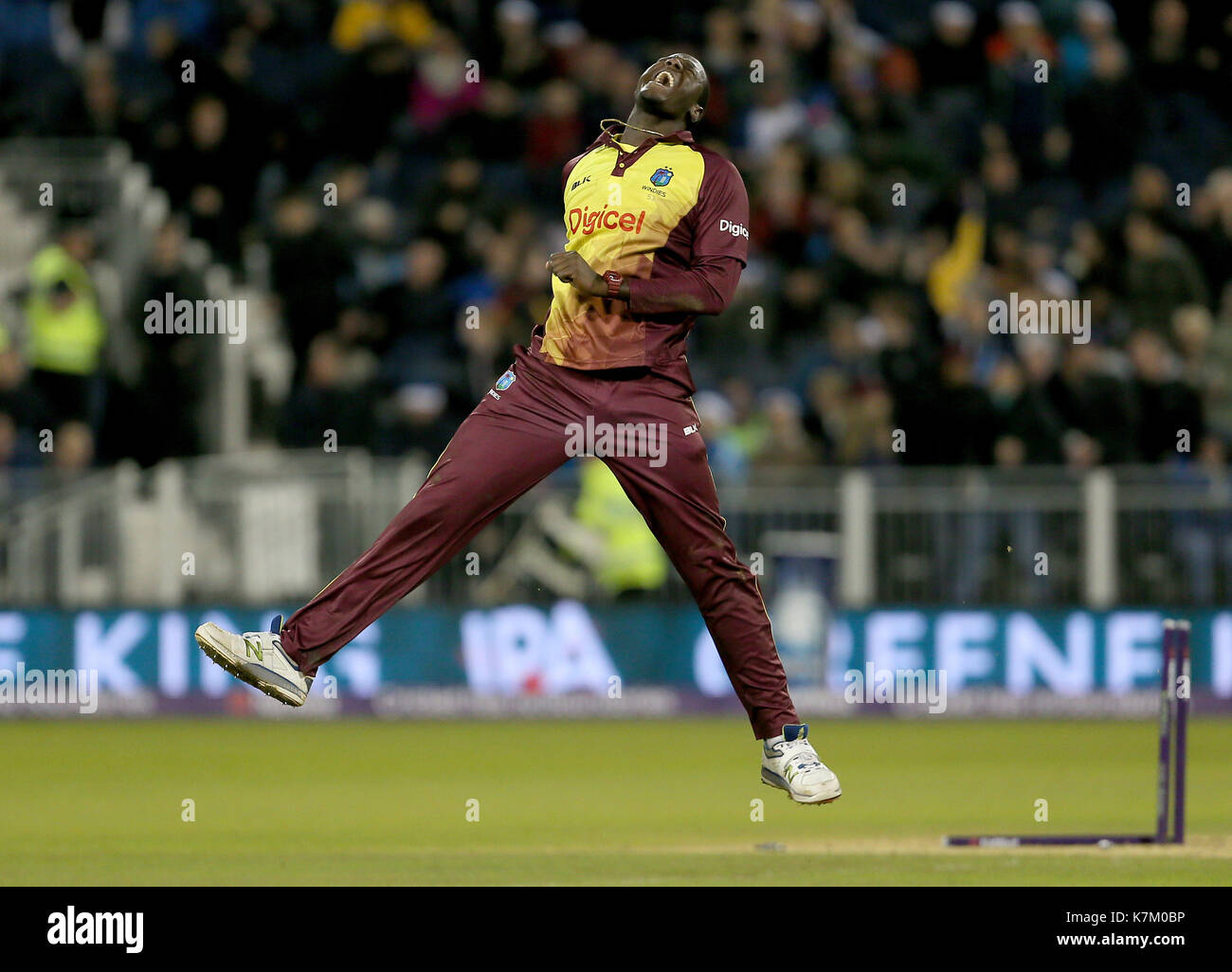West Indies Carlos Brathwaite celebrates after taking the wicket of England's Liam Plunkett to win the NatWest T20 match at the Emirates Riverside, Durham. Stock Photo