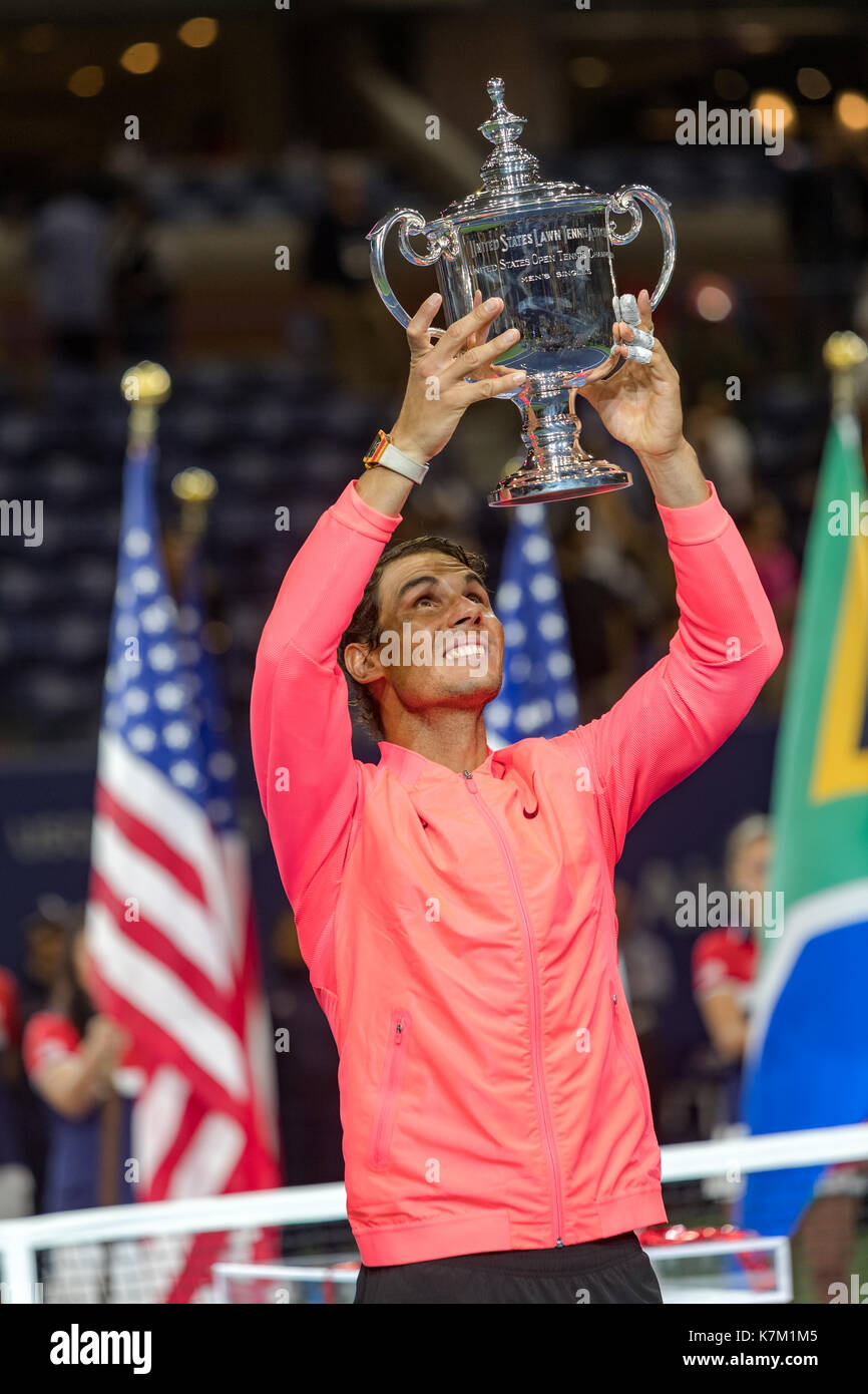 Rafael Nadal (ESP) holds winner's trophy for the Men's Singles Final  at the 2017 US Open Tennis Championships Stock Photo
