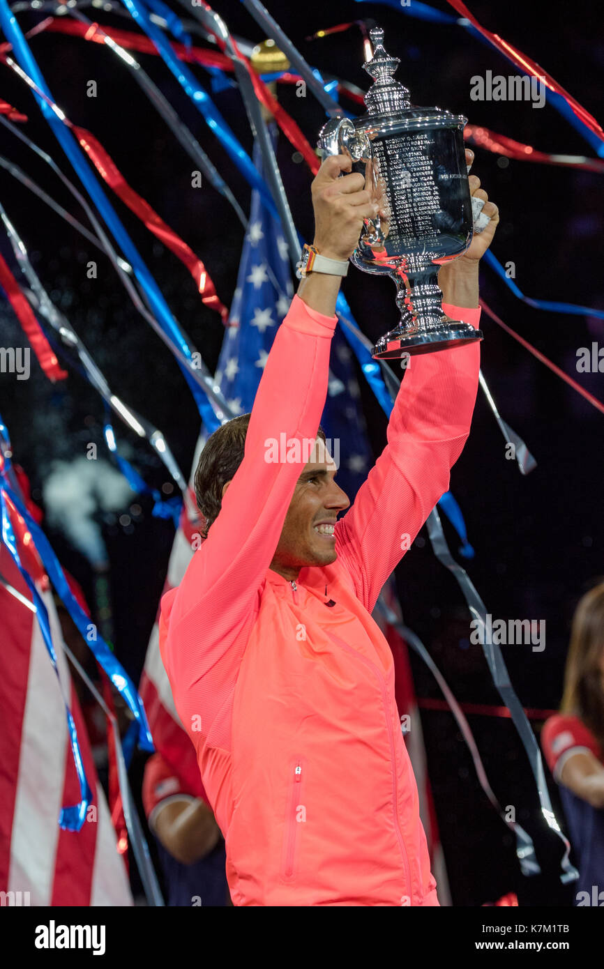 Rafael Nadal (ESP) holds winner's trophy for the Men's Singles Final  at the 2017 US Open Tennis Championships Stock Photo